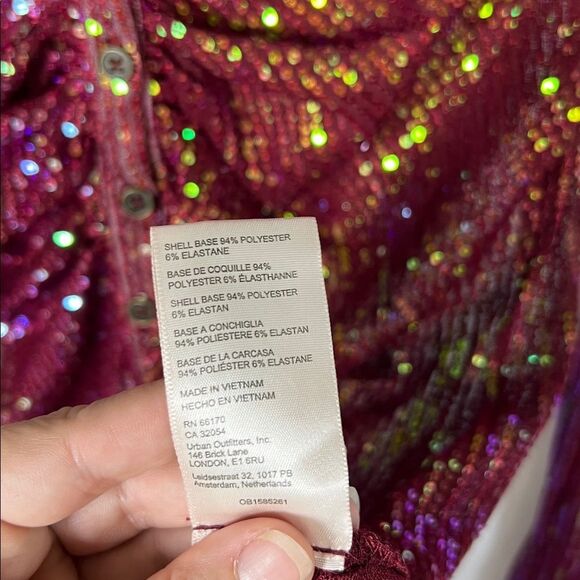 Free People Magenta Sequin Long Sleeve Button Down Shirtee Top Size L - Picture 7 of 8